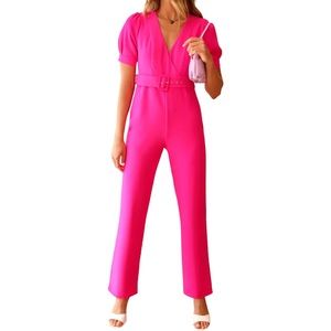 ADELYN RAE KORI CREPE HOT PINK BELTED JUMPSUIT